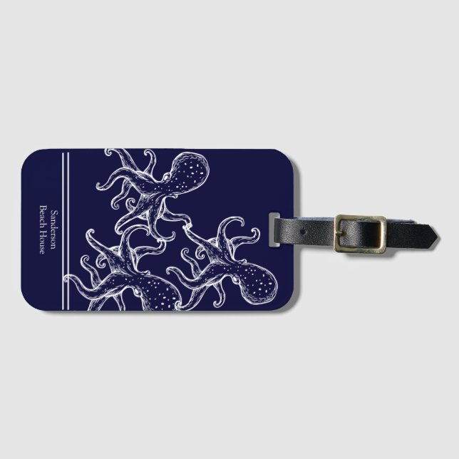 Weißer Octopus Seefahrt Blaue Seeküste Gepäckanhänger (Vorderseite (Horizontal))