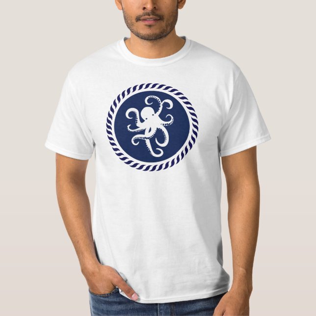 Weißer Oktopus auf blauem Kreis T-Shirt (Vorderseite)
