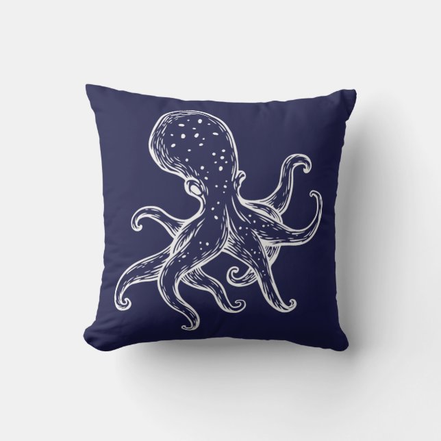 Weißer Oktopus auf blauem Meer nautischer Kissen (Vorderseite)