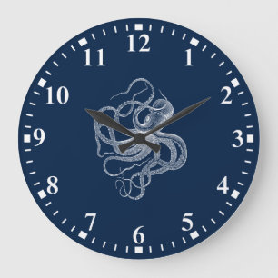 Weißer Oktopus auf dunkelblaue Großuhr Große Wanduhr