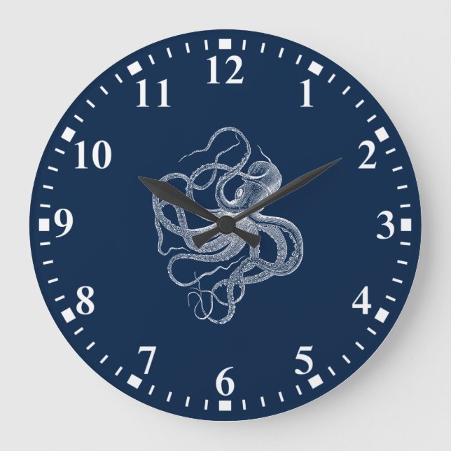 Weißer Oktopus auf dunkelblaue Großuhr Große Wanduhr (Vorderseite)