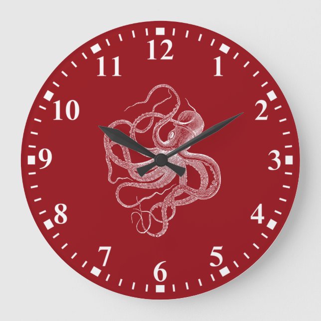 Weißer Oktopus auf dunkelroter Großuhr Große Wanduhr (Vorderseite)