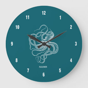 Weißer Oktopus auf individuellem türkisfarbenem Hi Große Wanduhr