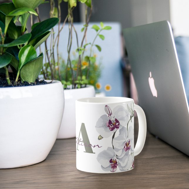 Weißer Orchid Blume Monogramm Kaffeetasse (Von Creator hochgeladen)