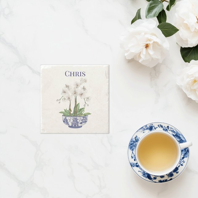 Weißer Orchid in Chinoiserie Bowl Steinuntersetzer (personalized white orchid chinoiserie stone coaster custom name)