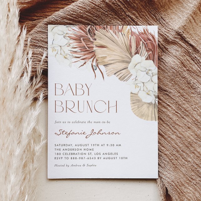 Weißer Orchid und getrockneter Palm Boho Baby Brun Einladung (This baby brunch invitation features a bohemian design with watercolor orchids, palm and pampas.)