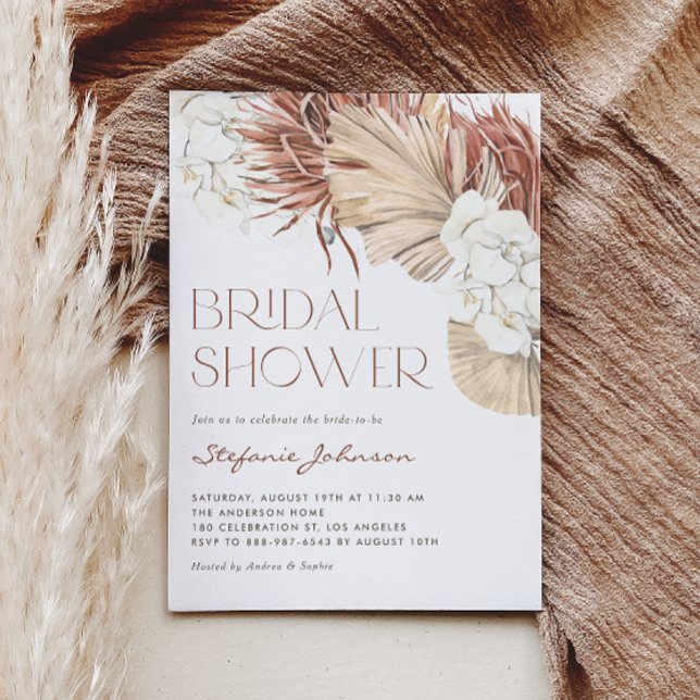 Weißer Orchid und getrocknetes Palm-Boho-Brautpart Einladung (This boho bridal shower invitation features watercolor orchids, pampas grass, and dried palm leaves.)