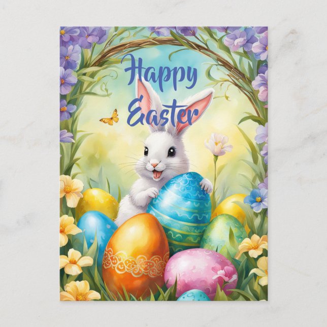 Weißer Osterhase mit bunten Eiern Postkarte (Vorderseite)