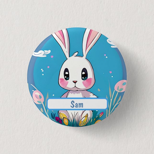 Weißer Osterhase mit individualisierbarem Nametag Button (Vorderseite)