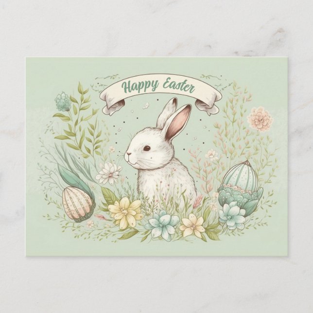 Weißer Osterhase mit Salbei-Blumenbanner Postkarte (Vorderseite)