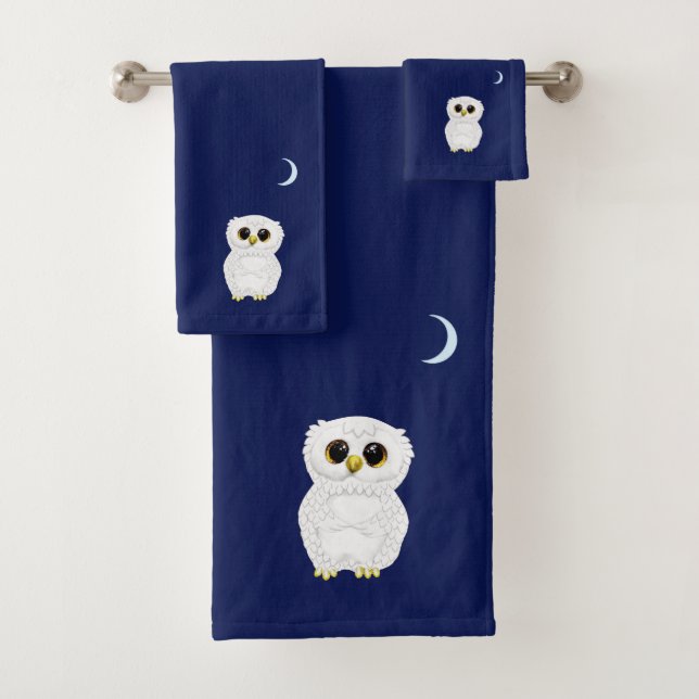 Weißer Owl & Crescent Moon auf Navy Blue Badhandtuch Set (Insitu)