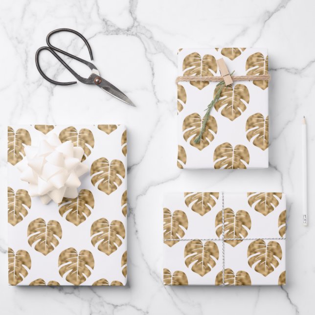 Weißer Palmenblätterdmuster Monstera Geschenkpapier Set (Vorderseite)