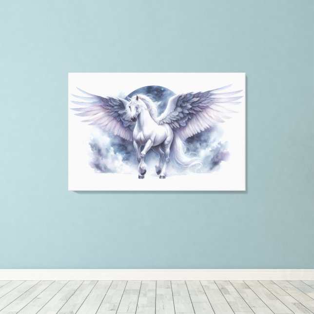 Weißer Pegasus mondbeschienene Flügel himmlischer  Leinwanddruck (Insitu (Holzboden))