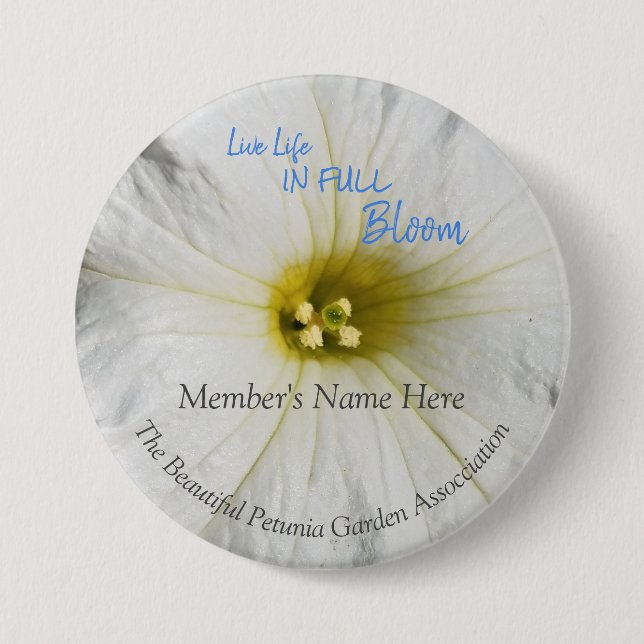 Weißer Petunie-Blumen-Nahaufnahme-Foto-Namen-Umbau Button (Vorderseite)