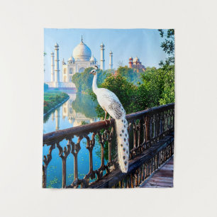 Weißer Pfau mit Blick auf den Taj Mahal Wandteppich