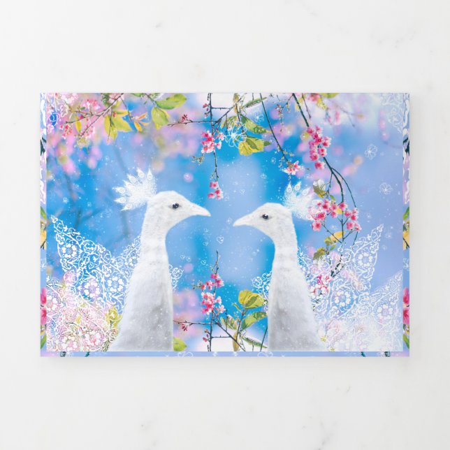 Weißer Pfau und blühende Sakura / Romantische Lieb Dreifach Gefaltete Karte (Cover)