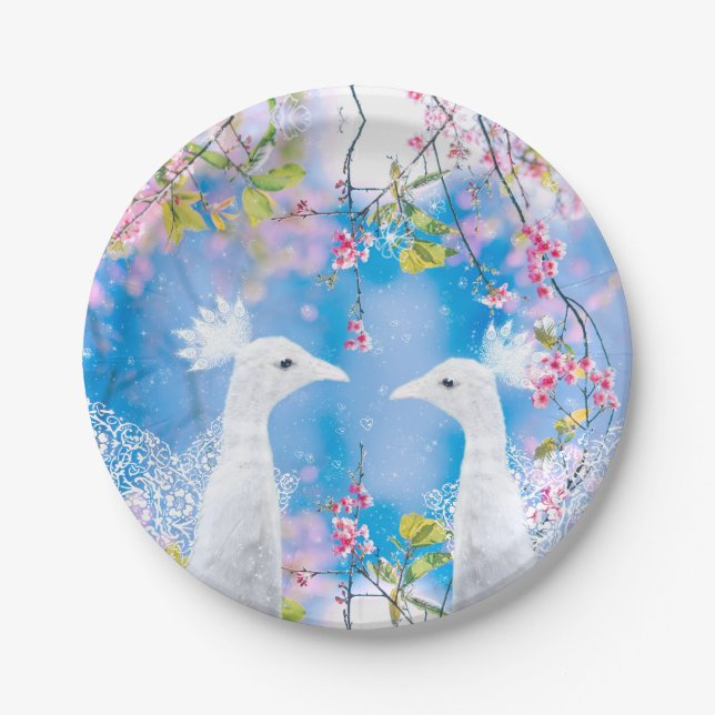 Weißer Pfau und blühende Sakura / Romantische Lieb Pappteller (Vorderseite)