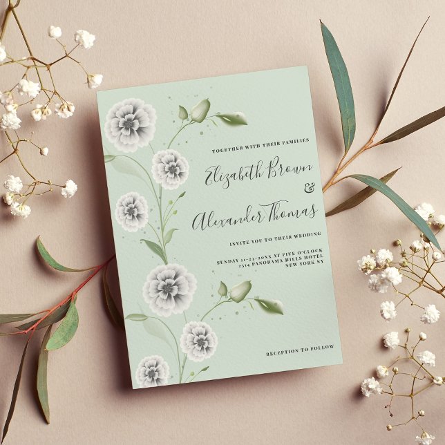 Weißer Pfefferminztopf Blätter Hochzeit Einladung (White mint watercolor poppy floral leaves wedding invitation)