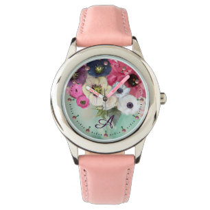 WEISSER PINK FUCHSIA ROSE, ANEMON-BLUME MONOGRAMM ARMBANDUHR