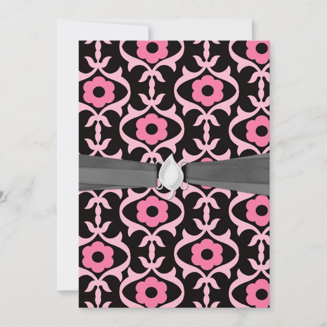 weißer, pinkfarbener Blume-Damast auf schwarz Einladung (Vorderseite)