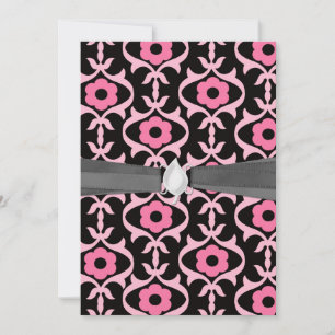 weißer, pinkfarbener Blume-Damast auf schwarz Einladung