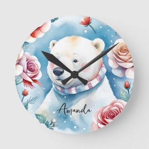 Weißer Polar-Bär und Rote Rosen Runde Wanduhr
