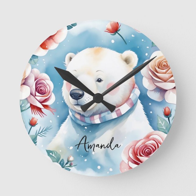 Weißer Polar-Bär und Rote Rosen Runde Wanduhr (Vorderseite)