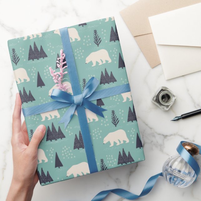 Weißer Polar Bären Evergreen Trees im Schnee Geschenkpapier (Schenken)