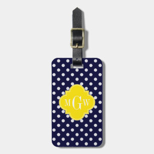 Weißer Polka Dots Gelbes Quatrefolien 3 Monogramm Gepäckanhänger