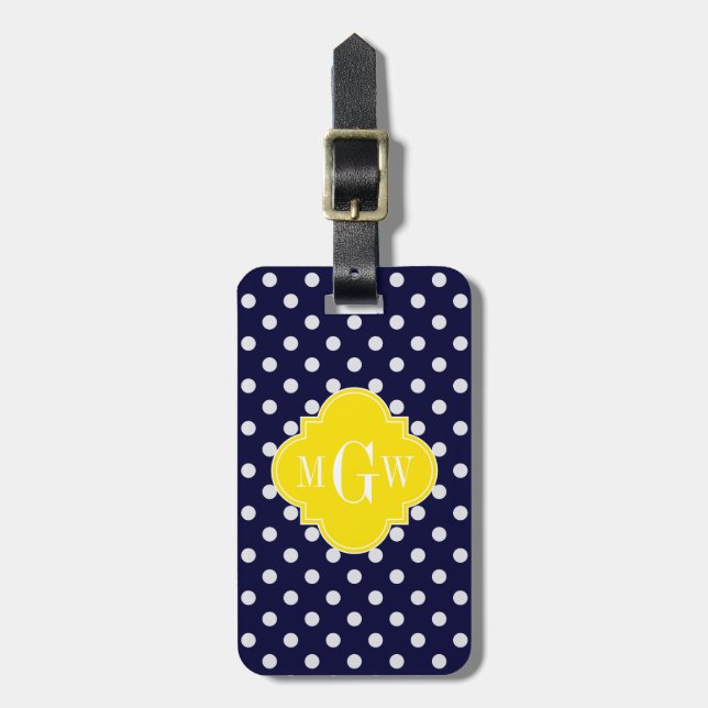 Weißer Polka Dots Gelbes Quatrefolien 3 Monogramm Gepäckanhänger (Vorderseite vertikal)