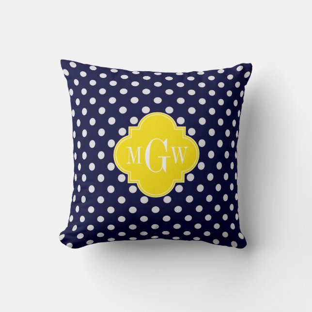 Weißer Polka Dots Gelbes Quatrefolien 3 Monogramm Kissen (Vorderseite)