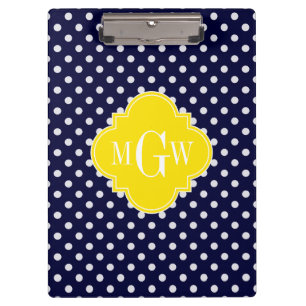 Weißer Polka Dots Gelbes Quatrefolien 3 Monogramm Klemmbrett