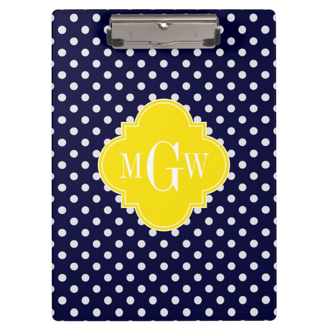 Weißer Polka Dots Gelbes Quatrefolien 3 Monogramm Klemmbrett (Vorderseite)