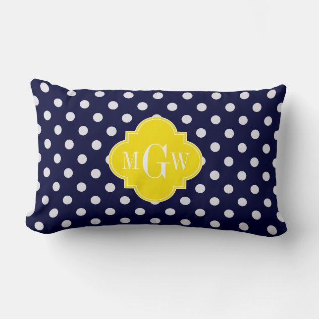 Weißer Polka Dots Gelbes Quatrefolien 3 Monogramm Lendenkissen (Vorderseite)