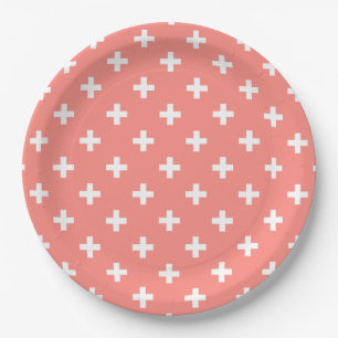 Weißer Polka-Kreuz auf Pfirsich Pappteller