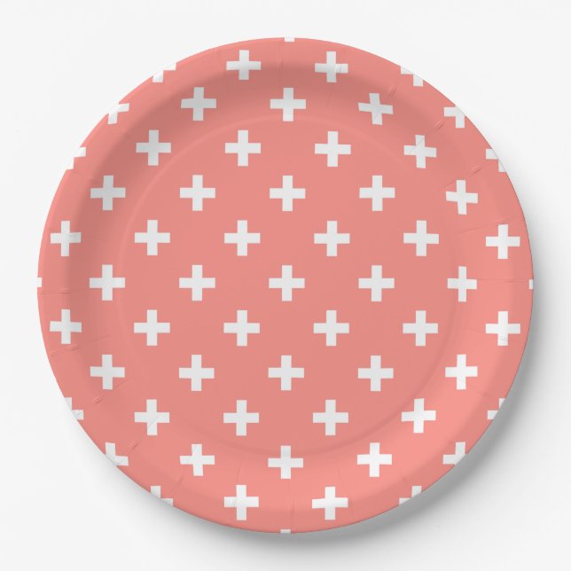 Weißer Polka-Kreuz auf Pfirsich Pappteller (Vorderseite)