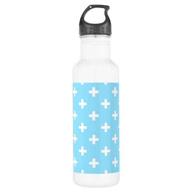 Weißer Polka kreuzt in Babyblau Edelstahlflasche (Vorderseite)