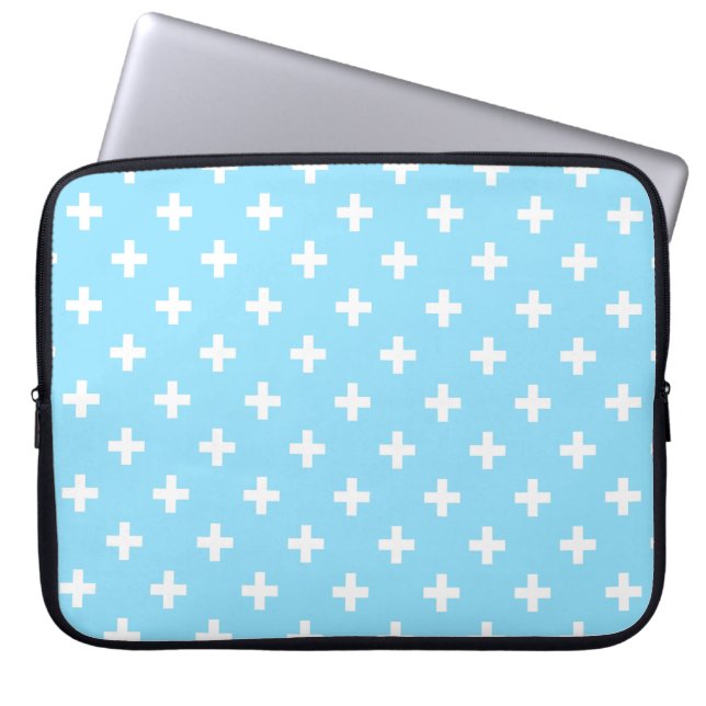 Weißer Polka kreuzt in Babyblau Laptopschutzhülle (Vorderseite)