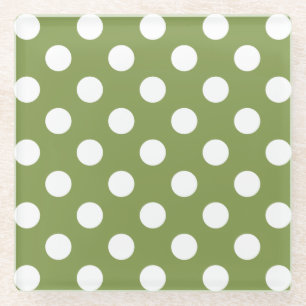 Weißer Polka Punkte auf Olivengrün Glasuntersetzer