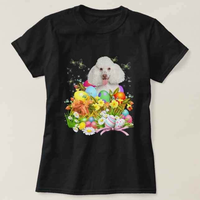 Weißer Poodle Bunny Dog Ostereier Basket Coo T-Shirt (Design vorne)