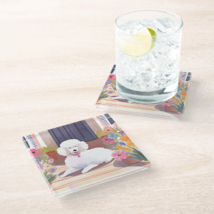 Weißer Pudel   Hund Haustier Wasserfarbe Blumen Glasuntersetzer