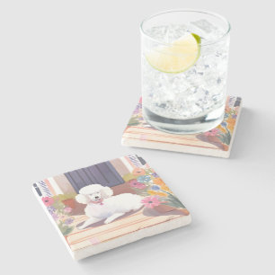 Weißer Pudel   Hund Haustier Wasserfarbe Blumen Steinuntersetzer