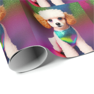 Weißer Pudel mit cremefarbenen Ohren auf Regenboge Geschenkpapier