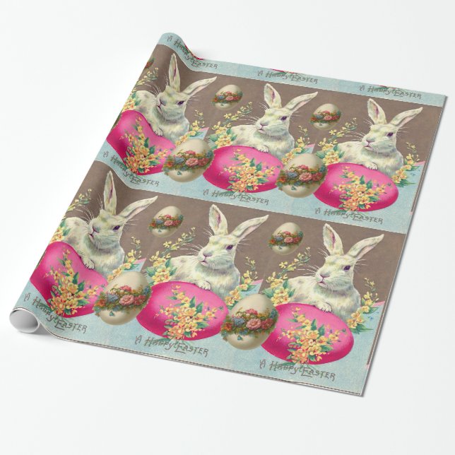 WEISSER RABBIT MIT OSTEREN EI- UND FRÜHBLUMEN GESCHENKPAPIER (Ungerollt)