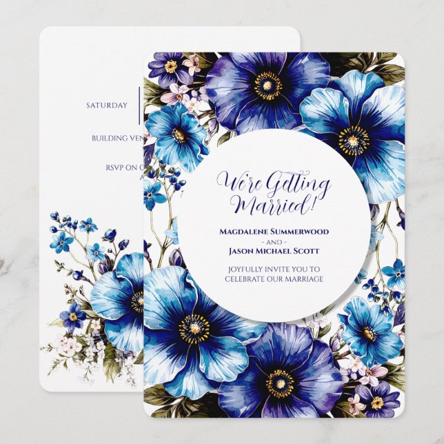 Weißer Rahmen blauer Lila Blumenhintergrund Einladung (Vorne/Hinten)