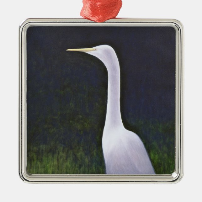 Weißer Reiher Silbernes Ornament (Vorne)