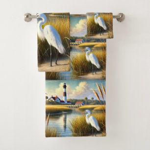 Weißer Reiher Sumpf und Leuchtturm Badehandtuch-Se Badhandtuch Set