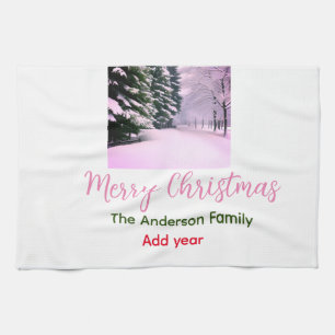 Weißer rosa Schnee frohe Weihnachten Familienname  Geschirrtuch