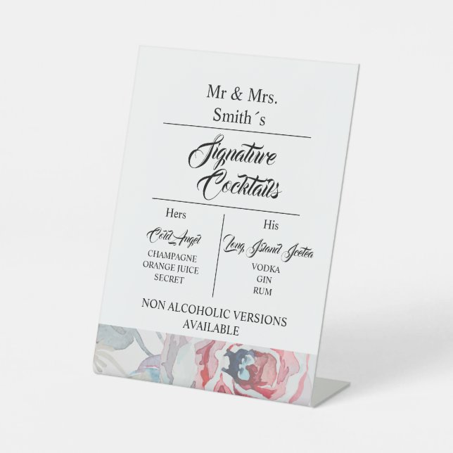 Weißer Rose Hochzeitscocktail Sockelschild (Vorderseite)