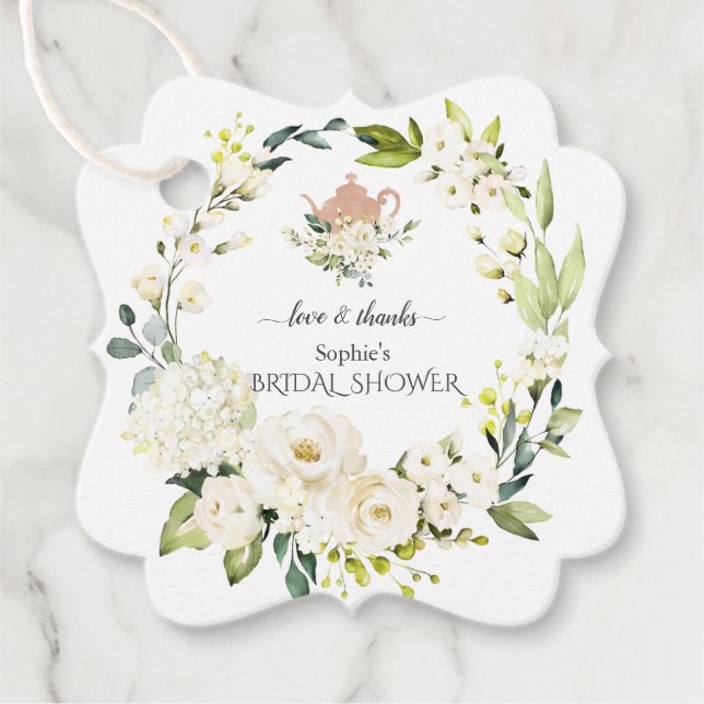 Weißer Roses Hydrangea Bridal Tee Party Geschenkanhänger (Vorderseite)